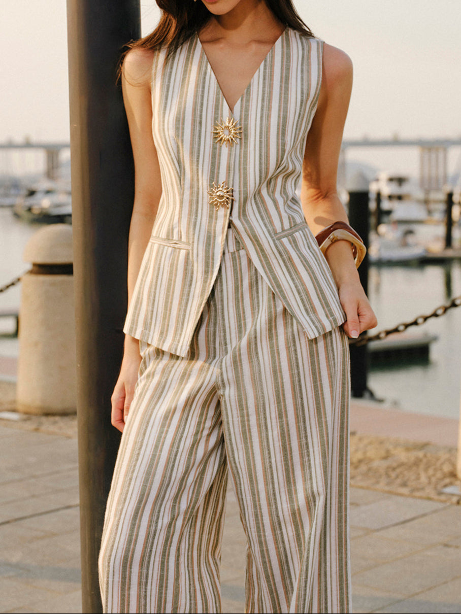 Melika Striped Buttoned Vest And Pant Set