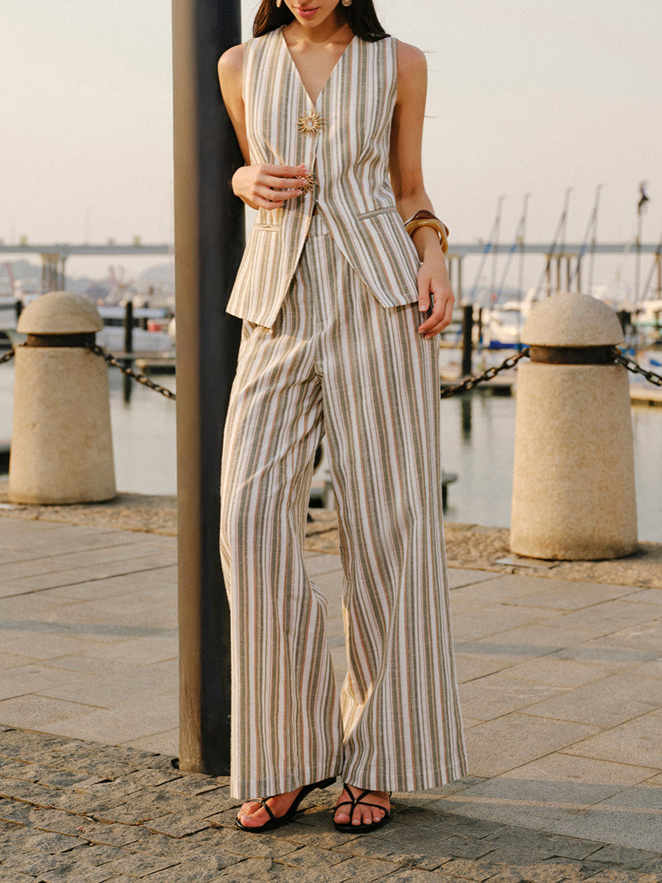 Melika Striped Buttoned Vest And Pant Set