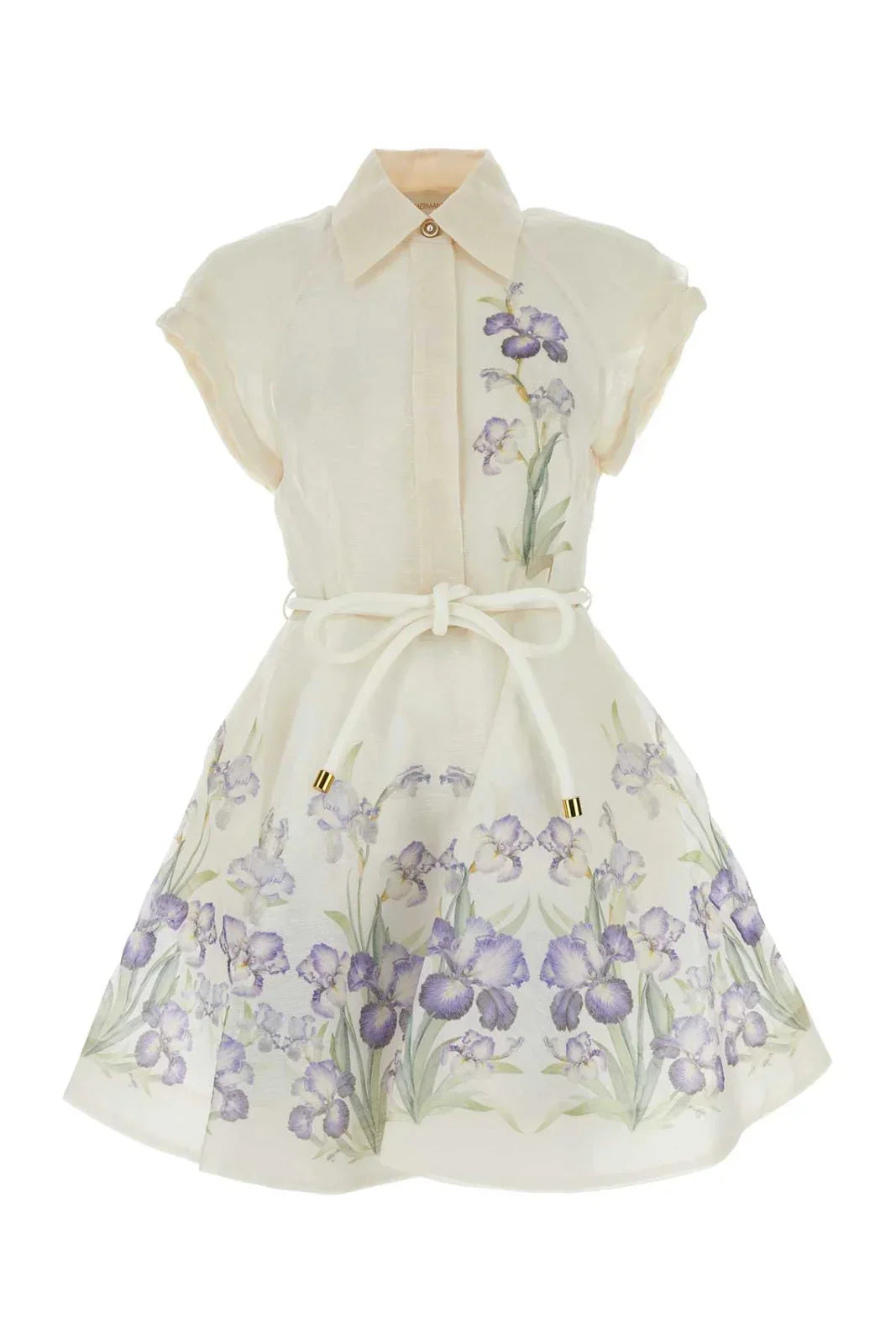 Elegant white collared dress with a floral print, adjustable belt, and side pockets.