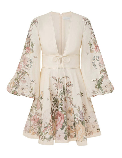 Elegant Fleur Lantern Sleeve Dress with floral prints and voluminous lantern sleeves.