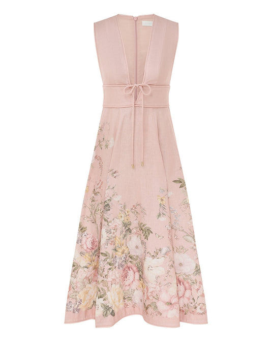 Pink sleeveless midi dress with floral print, A-line silhouette, and V-neckline.