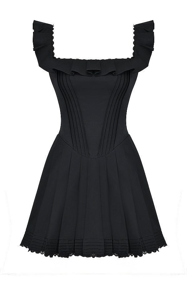 Luna Ruffle Mini Dress with elegant ruffle details and lace trim, feminine silhouette, square neckline.