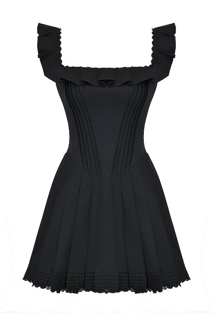 Luna Ruffle Mini Dress with elegant ruffle details and lace trim, feminine silhouette, square neckline.