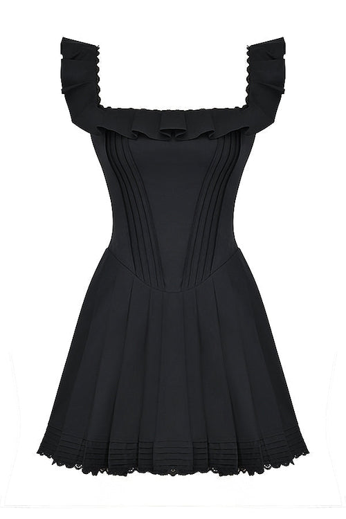 Luna Ruffle Mini Dress with elegant ruffle details and lace trim, feminine silhouette, square neckline.