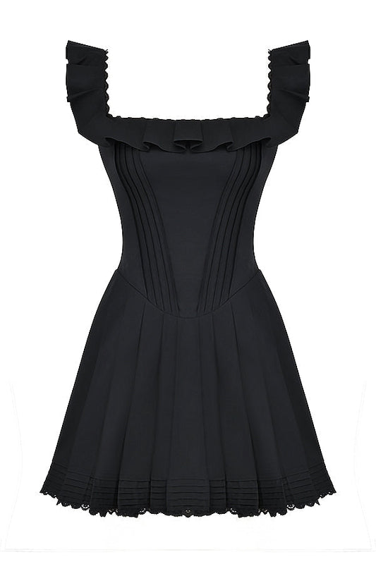 Luna Ruffle Mini Dress with elegant ruffle details and lace trim, feminine silhouette, square neckline.