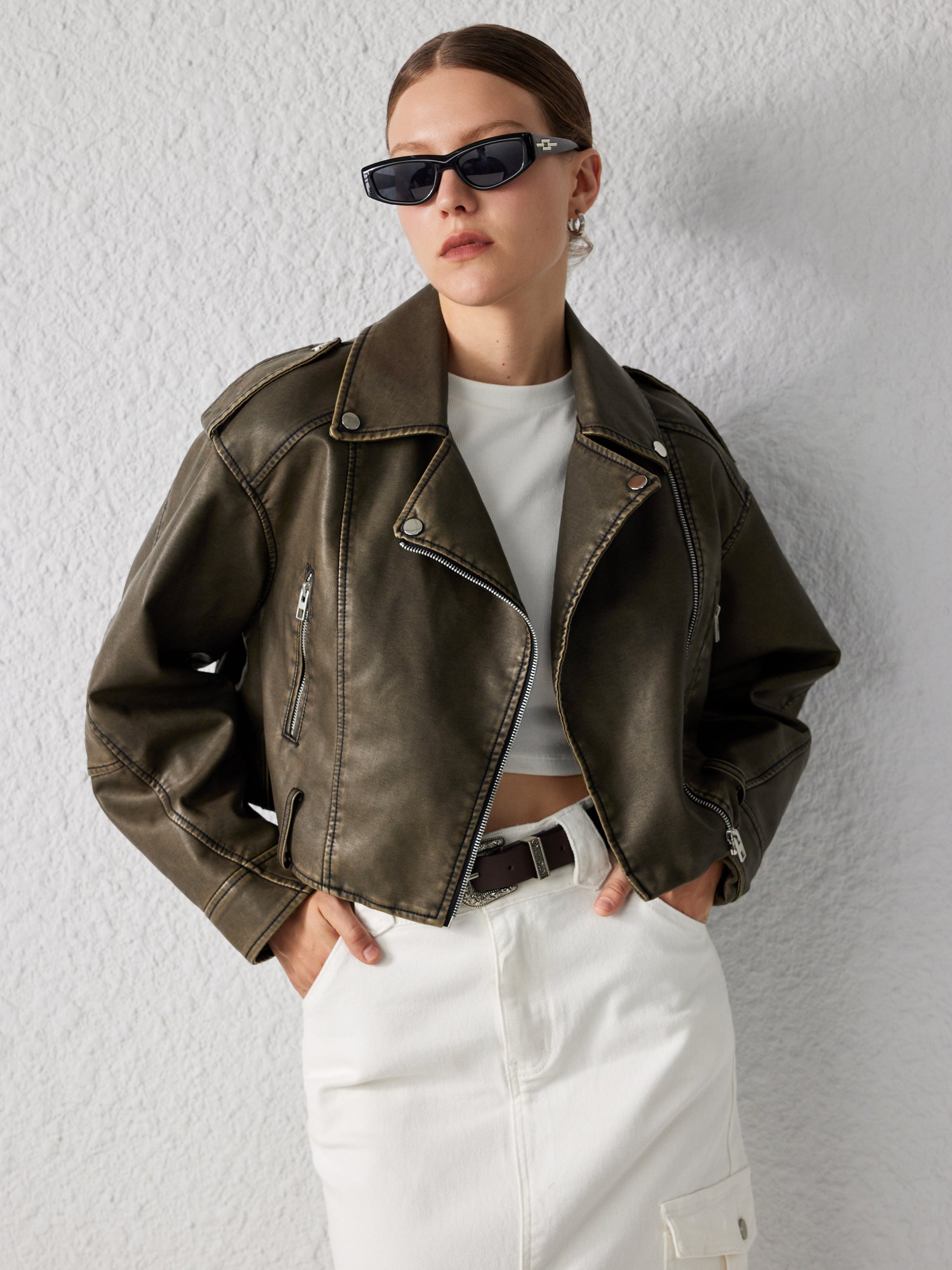 Cropped Leather Jacket - Women’s Short Moto-Style Zippered Leather Jacket