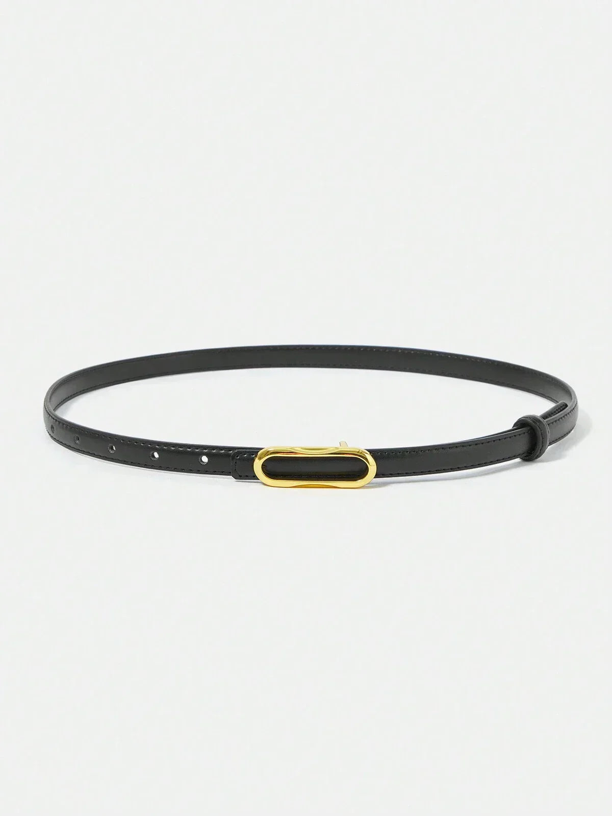 Slim Belt in black leather with gold buckle, minimalist and versatile accessory.