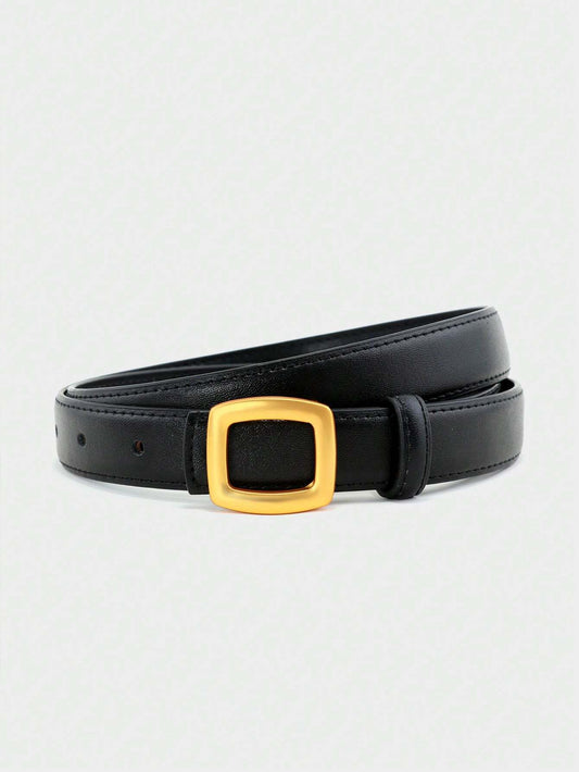 Emma Designer Belt with polished buckle, sleek black finish, luxurious accessory.