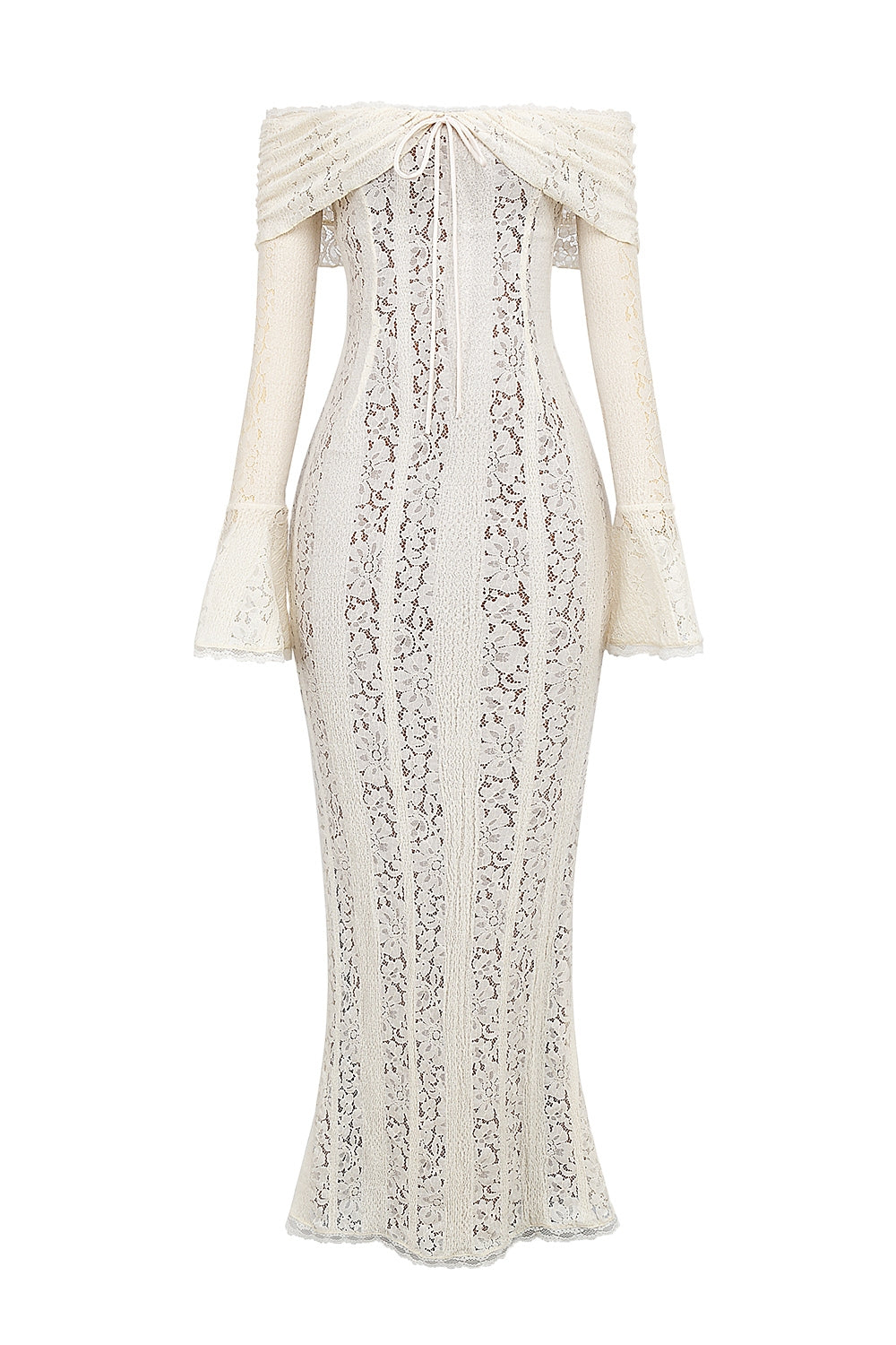 Maria White Lace Maxi Dress with off-the-shoulder neckline and intricate lace detailing.