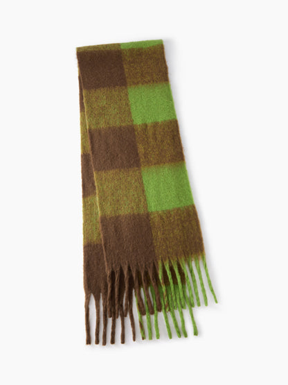 Plaid Scarf - Women's Oversized Plaid Fringed Two-Tone Chunky Scarf