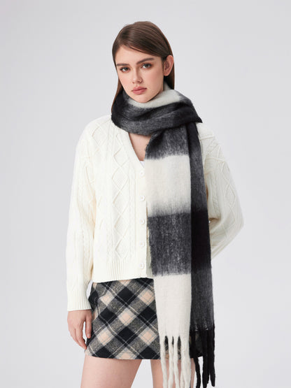 Plaid Scarf - Women's Oversized Plaid Fringed Two-Tone Chunky Scarf