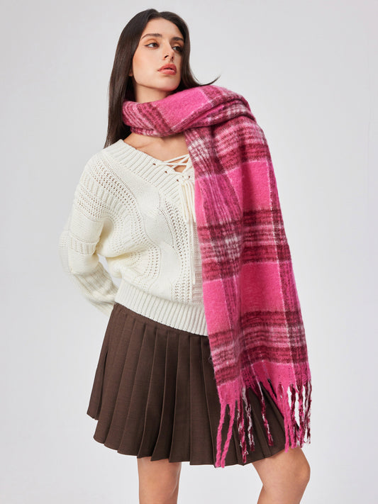 Plaid Scarf - Women’s Thick Plaid Tassel Oversized Chunky Scarf