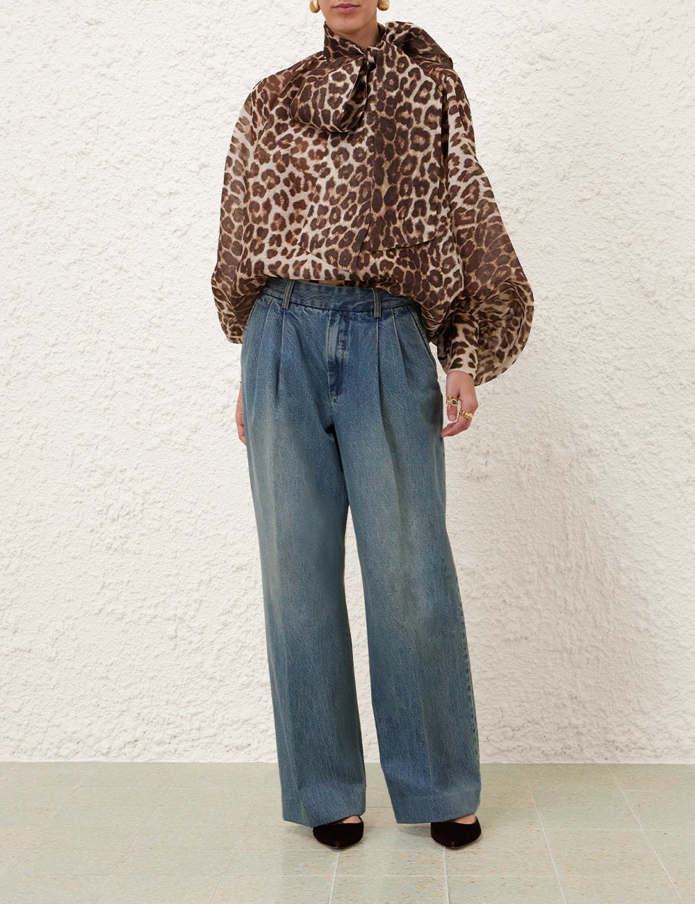 Leopard Print Blouse - Women's Billow Sleeve Bow Detail Blouse Top