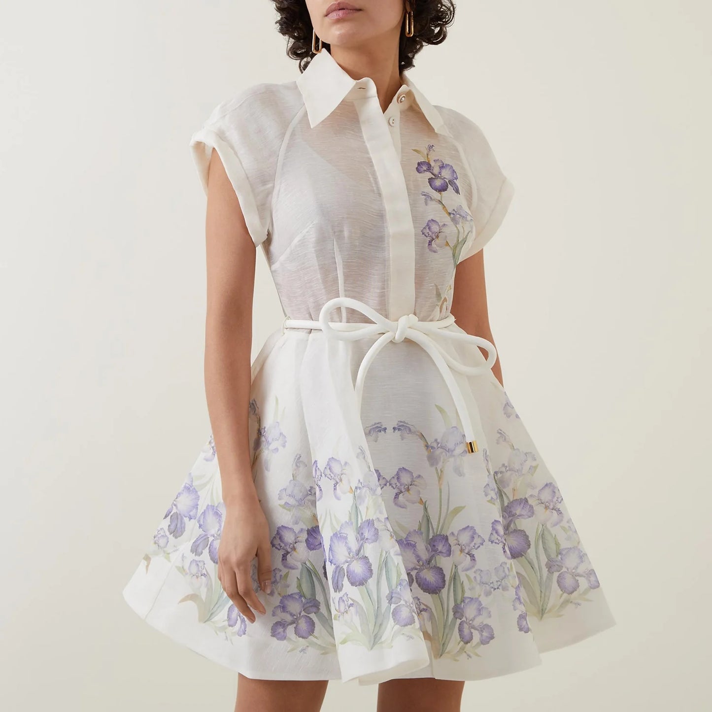 White Collared Dress - Women's Floral Print Belted Summer Dress