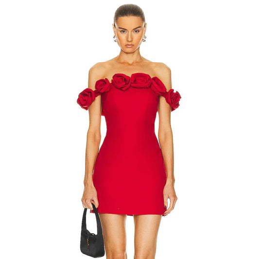 Fiona Off-Shoulder Red Mini Dress with elegant neckline and chic design.