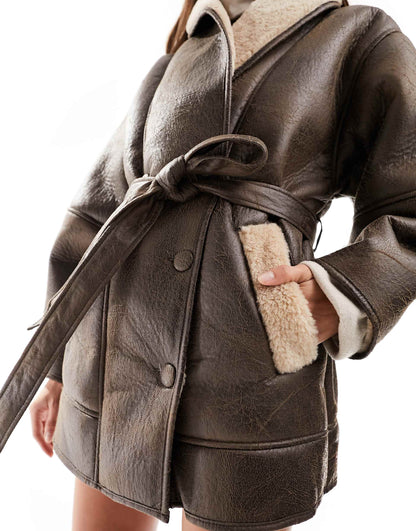 Shearling Coat - Womens Mid length Shearling Leather Belted Coat 