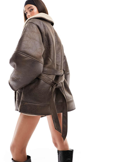 Shearling Coat - Womens Mid length Shearling Leather Belted Coat 