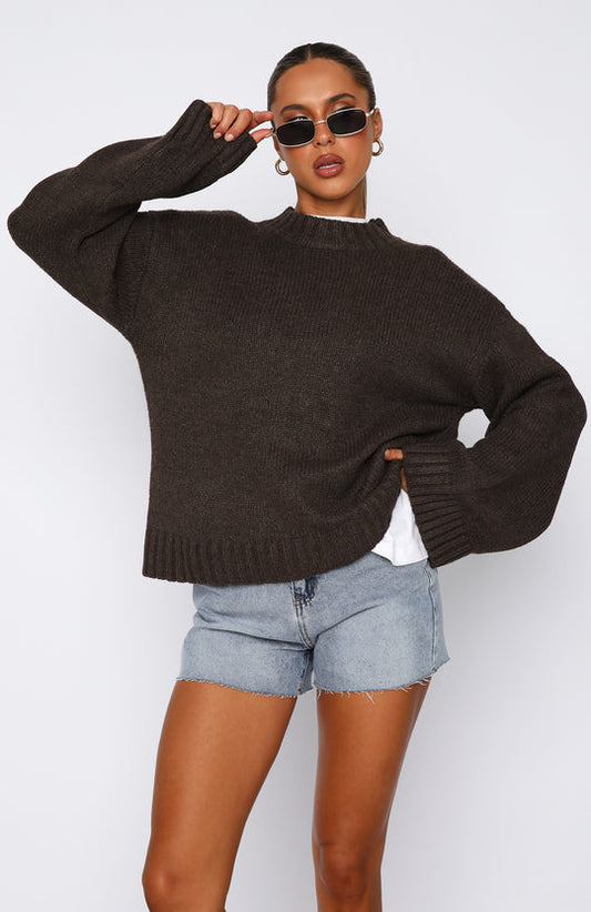 Oversized Knit Sweater - Women’s Long Sleeve Relaxed Fit Ribbed Knit Pullover