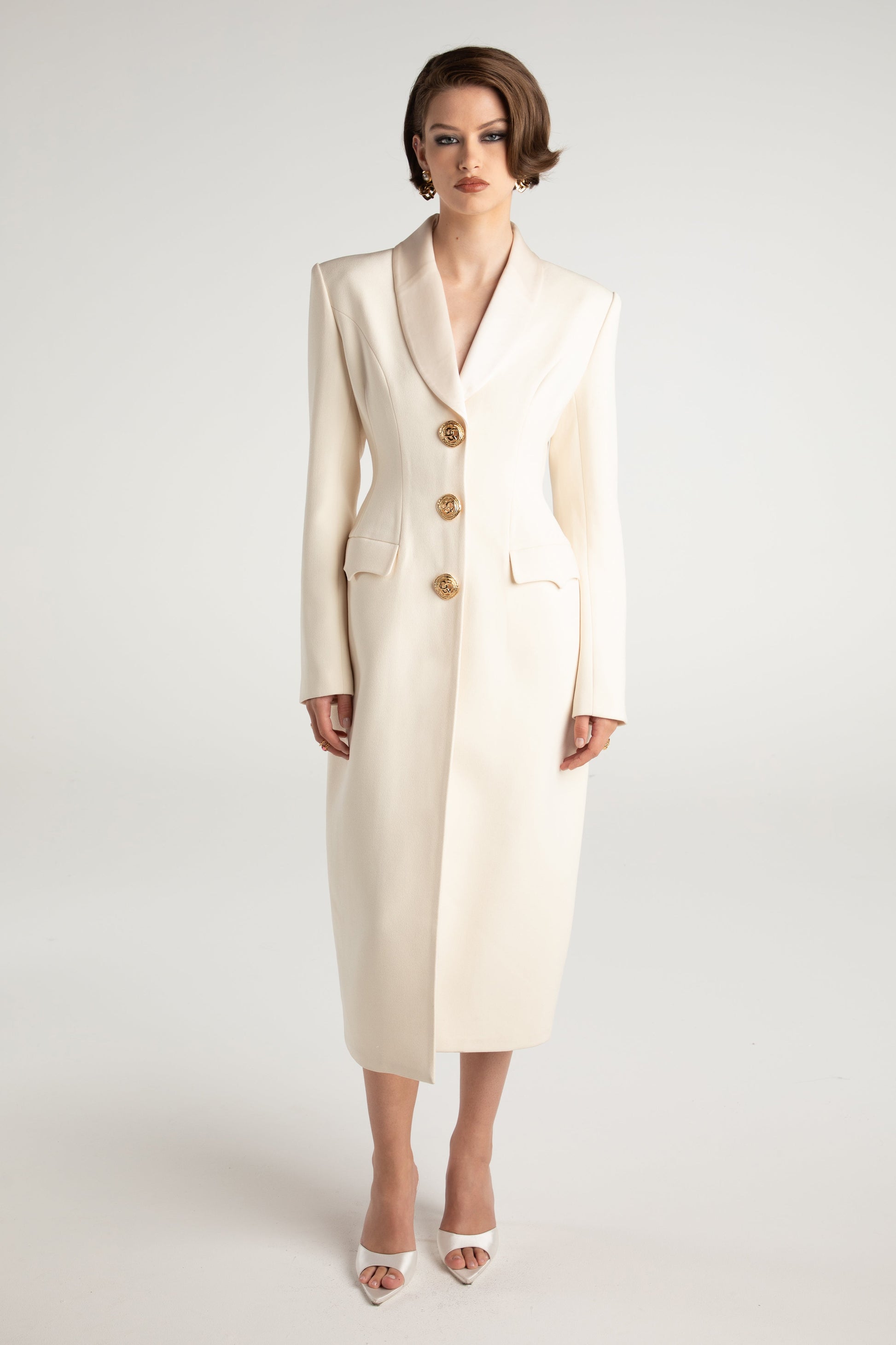 Blazer Dress - Women's Tailored Satin Lapel Button-Down Blazer Dress