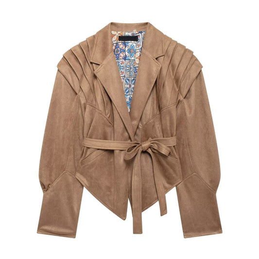 Belted Blazer - Women’s Long Sleeve Tie-Waist Suade Short jacket