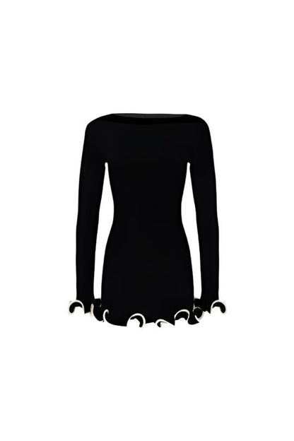 Black long-sleeve mini dress with ruffle hem.