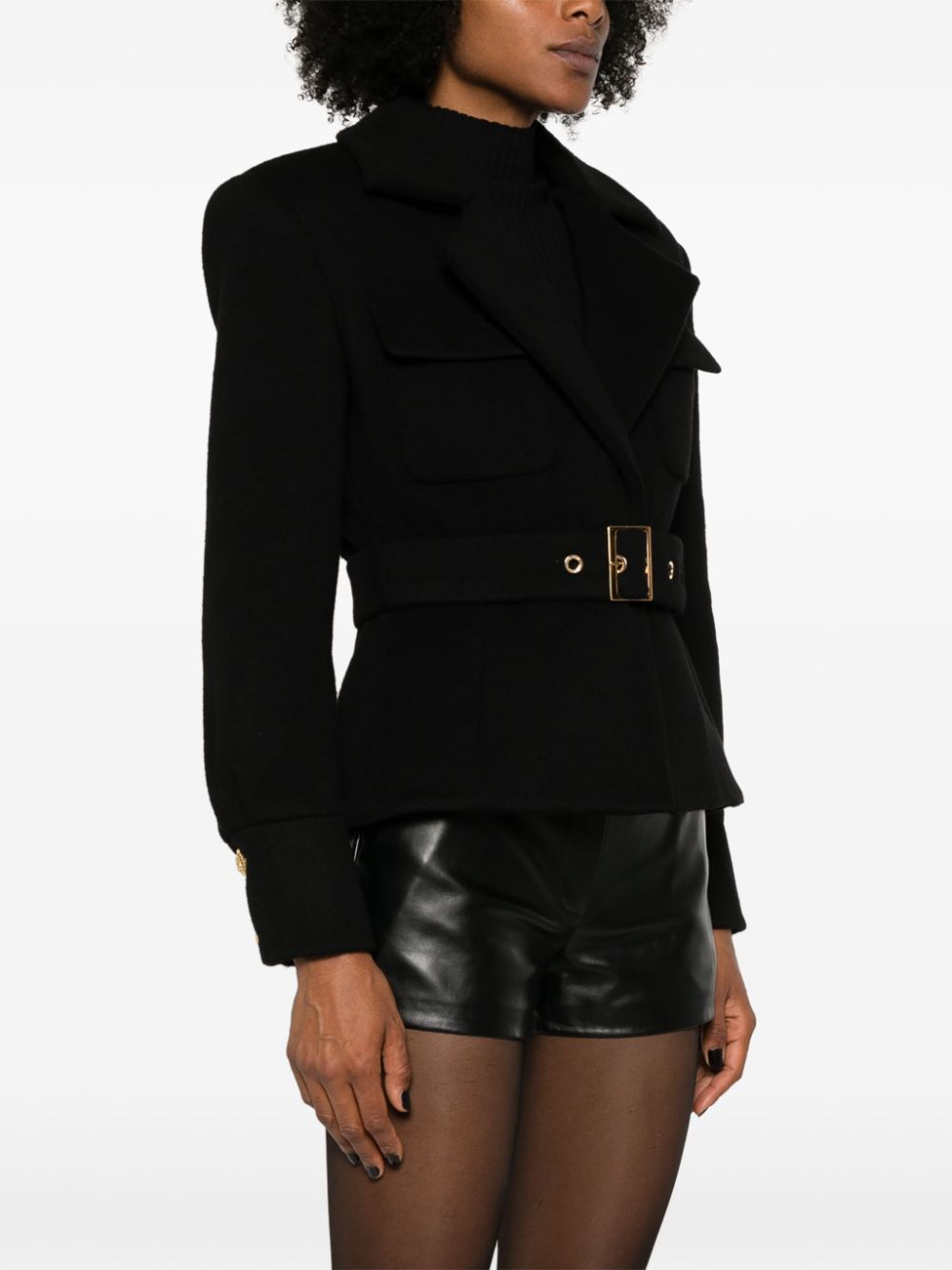 Belted Jacket - Women’s Notched-Lapel Belted Jacket with Gold Buckle