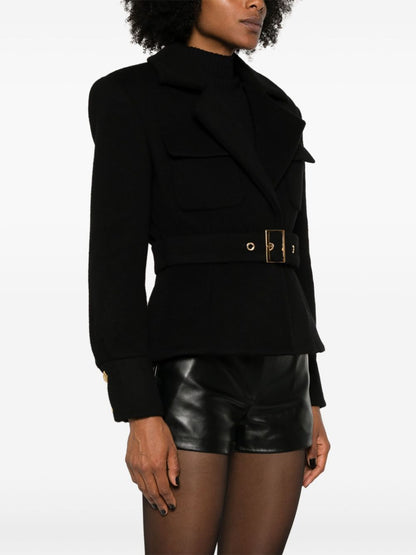 Belted Jacket - Women’s Notched-Lapel Belted Jacket with Gold Buckle