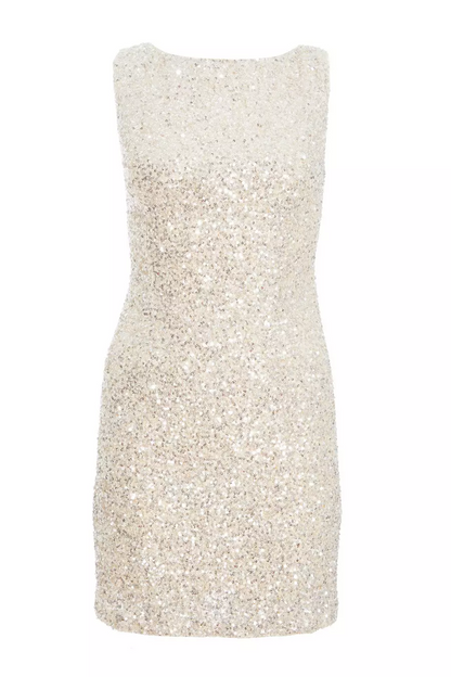 Holiday Mini Dress - Womens Silver Sequined Bow Holiday Party Dress