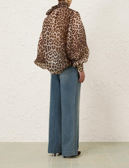 Leopard Print Blouse - Women's Billow Sleeve Bow Detail Blouse Top