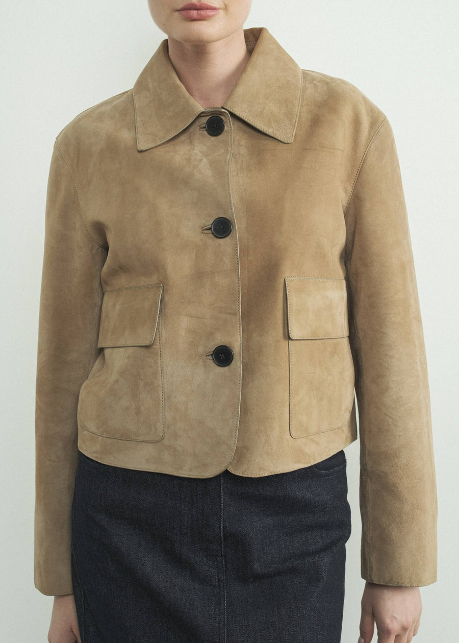 Suede Jacket - Women’s Short Beige Button Long Sleeve Suede Jacket