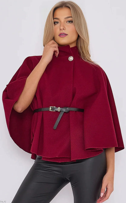 Belted Cape Coat - Women's High-Neck Buttoned Wool Cape with Waist Belt