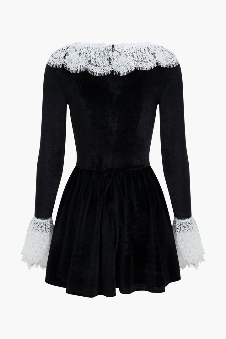 Velvet Long Sleeve Mini Dress - Women's Lace Trim Holiday Mini Dress