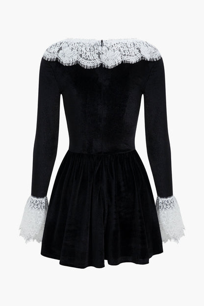 Velvet Long Sleeve Mini Dress - Women's Lace Trim Holiday Mini Dress