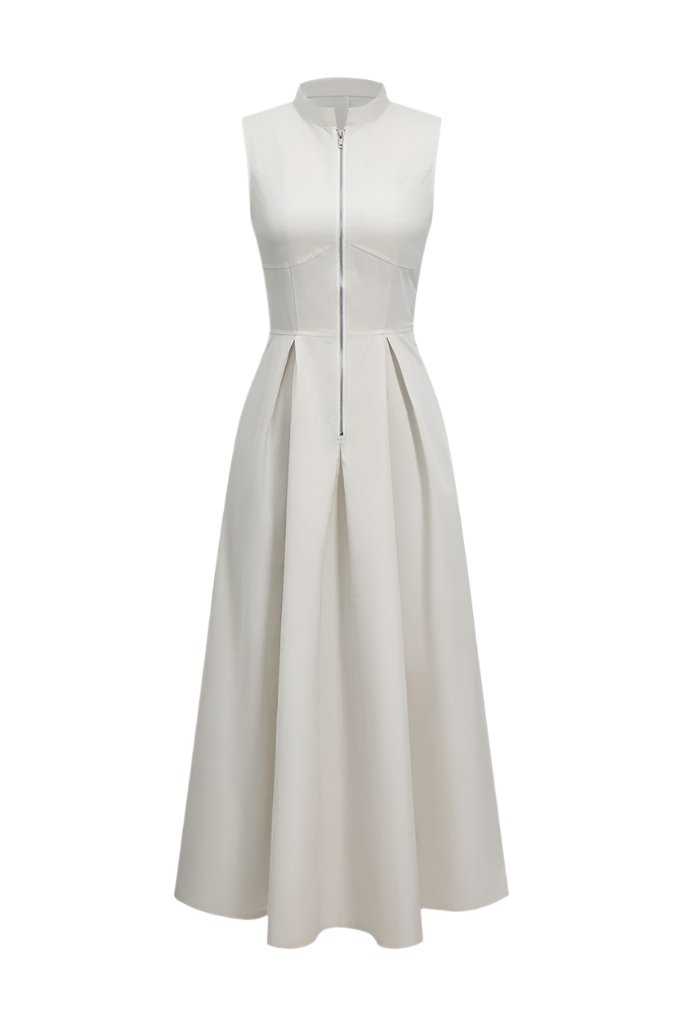 Sleeveless Lila Casual Maxi Dress with pleated skirt and zip-front detail.