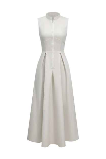 Sleeveless Lila Casual Maxi Dress with pleated skirt and zip-front detail.