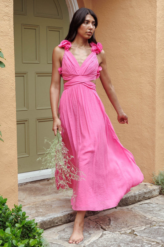 Evelyn Laced Back Ruffle Wedding Guest Maxi Dress, pink, elegant lace-up back, flowing fabric.