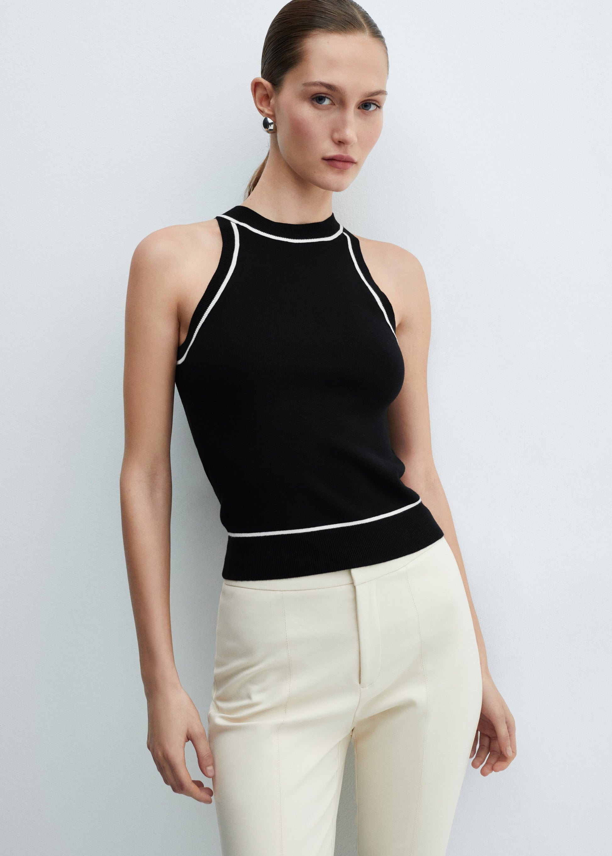 Contrast Trim Top - Womens Sleeveless Contrast Black and White Top