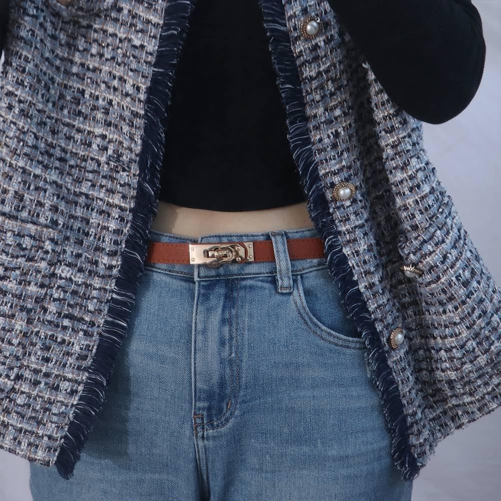 Leather Buckle Belt - Womens Skinny Leather Buckle Belt Accessory