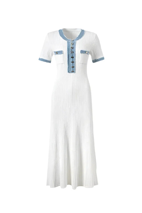 Nora Short Sleeve Knit Midi Dress with delicate knit detailing and fitted bodice.