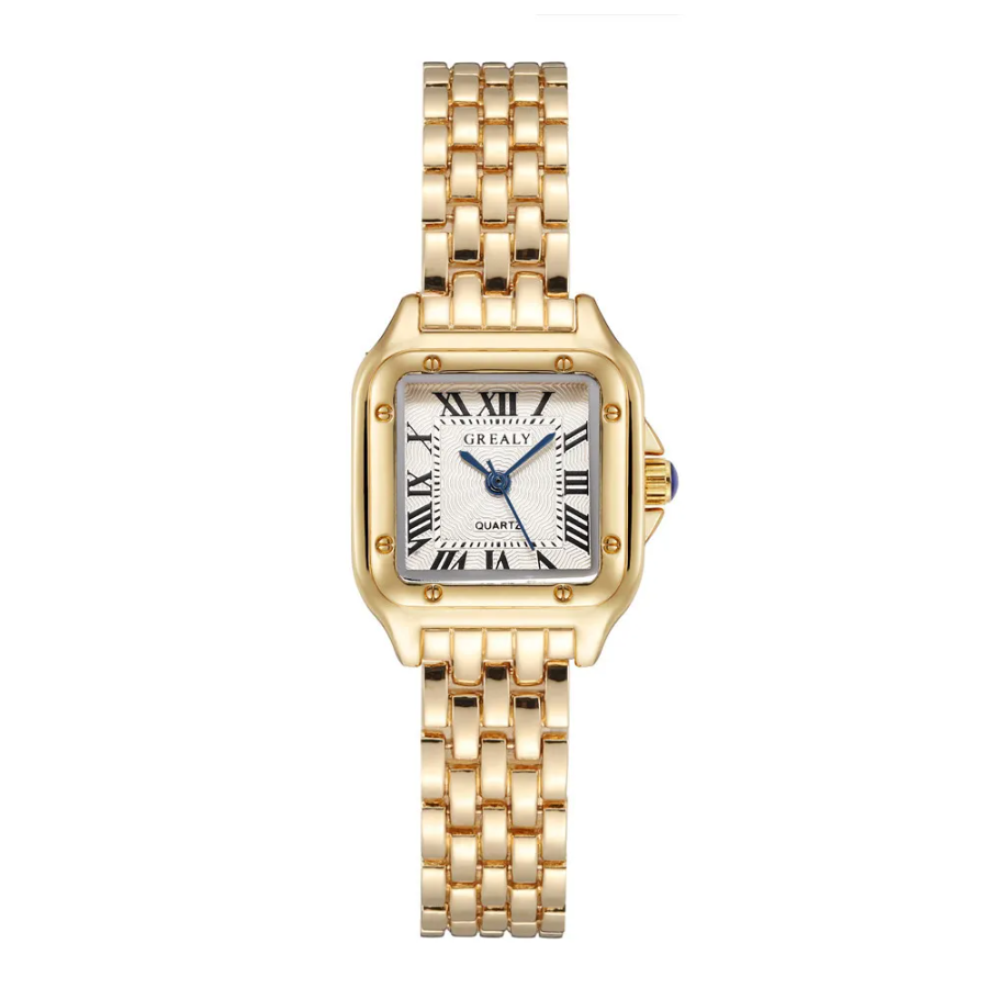 Timeless Olivia square face watch for women with stainless steel band and Roman numeral markers.