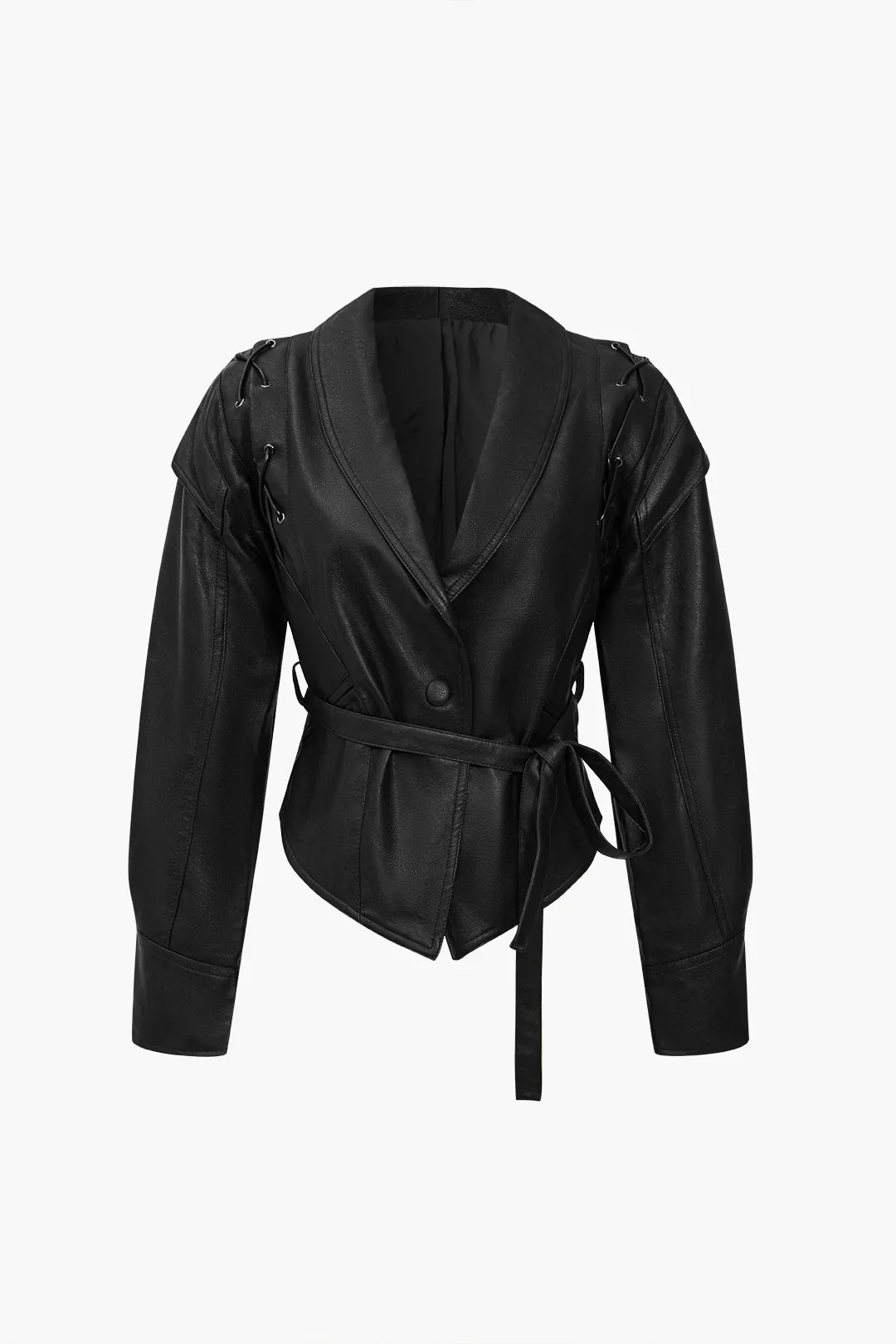 Short Leather Jacket - Women’s Belted Faux Leather Belted Jacket