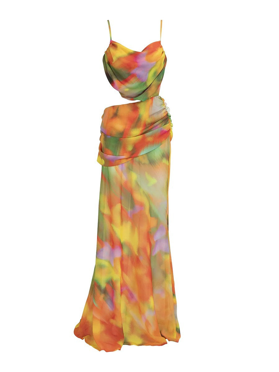 Colorful abstract print Vale swimsuit cover up dress with a cowl neckline and spaghetti straps.