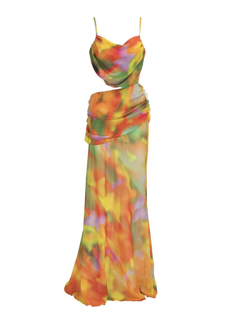 Colorful abstract print Vale swimsuit cover up dress with a cowl neckline and spaghetti straps.