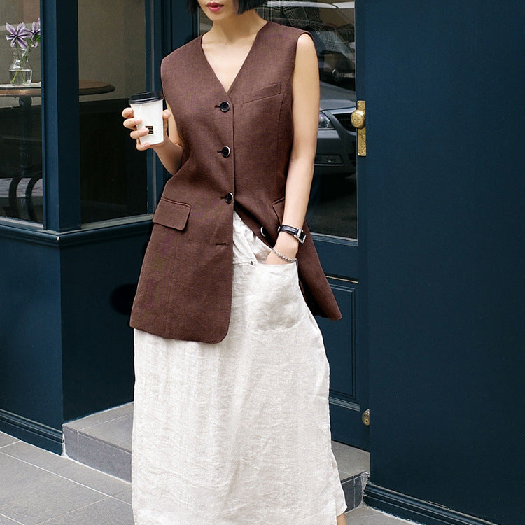 Gilet long en lin à boutons Rei