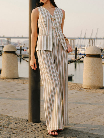 Melika Striped Buttoned Vest And Pant Set