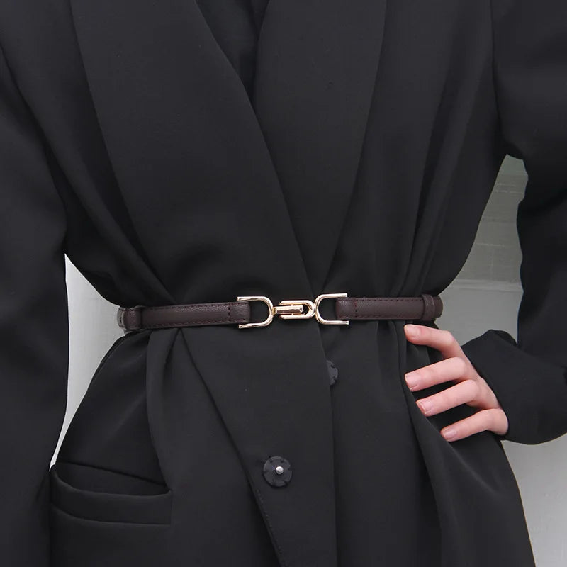 Skinny Belt - Womens Adjustable Classy Skinny Gold Accent Belt