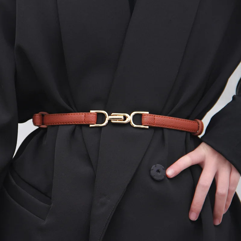 Skinny Belt - Womens Adjustable Classy Skinny Gold Accent Belt