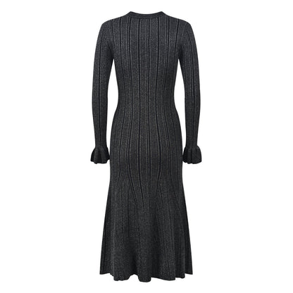 Ribbed Midi Dress - Womens Long Sleeves V-Neck Gold Button Midi Dress