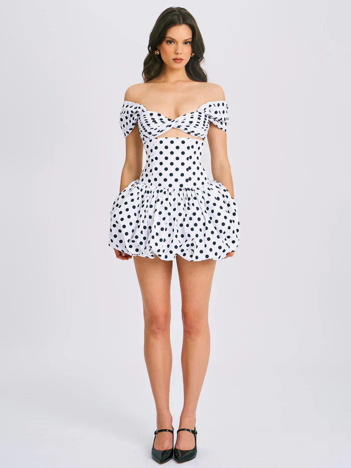 Bubble Hem Dress - Womens White Polka Dot Bubble Mini Dress