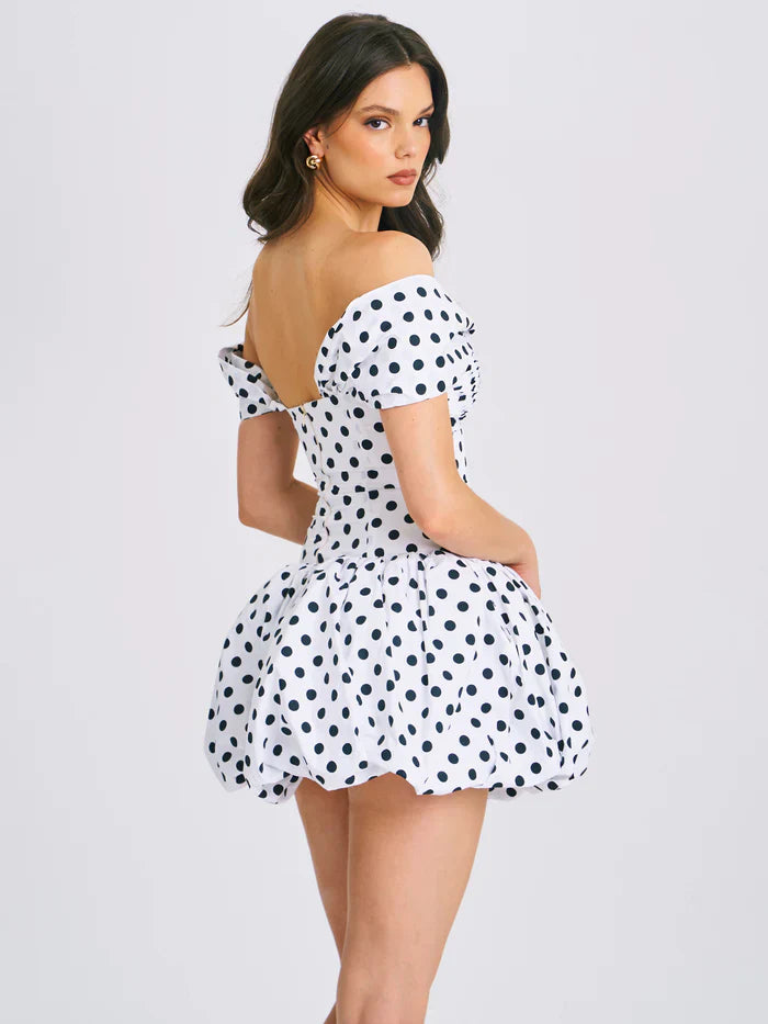 Bubble Hem Dress - Womens White Polka Dot Bubble Mini Dress